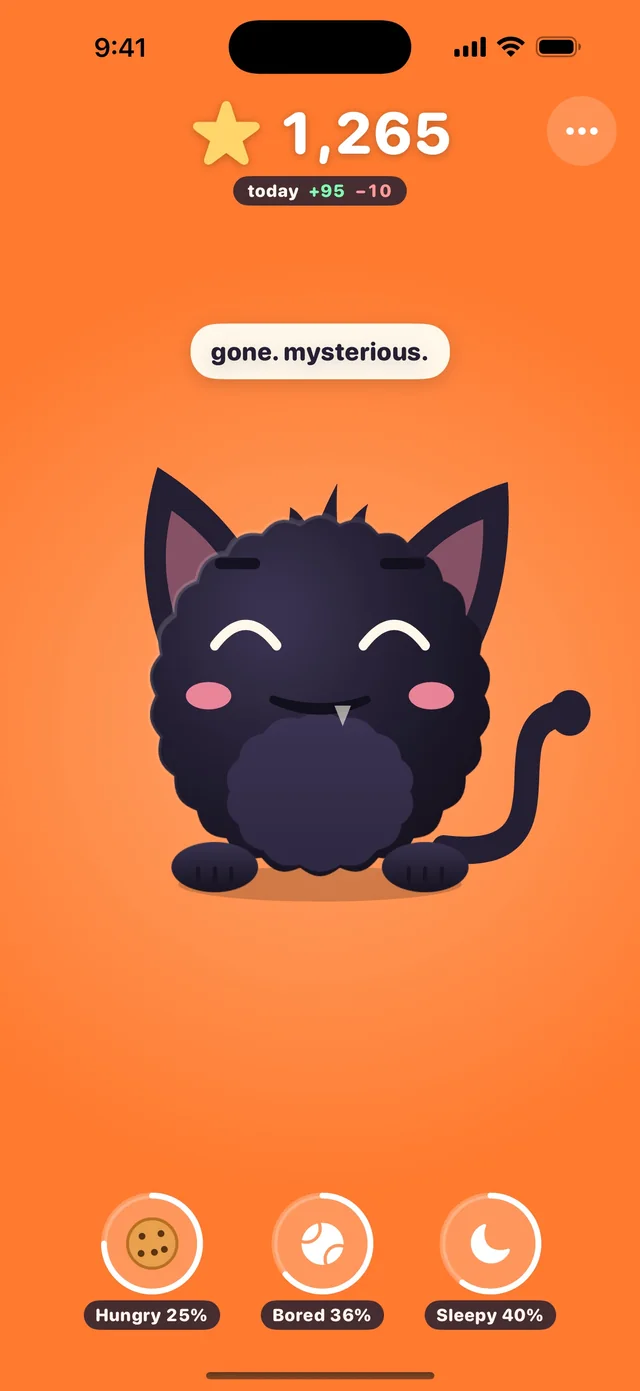 Feeding time: the gremlin grins with its eyes shut and a speech bubble says gone. mysterious. The score has climbed to 1,265.
