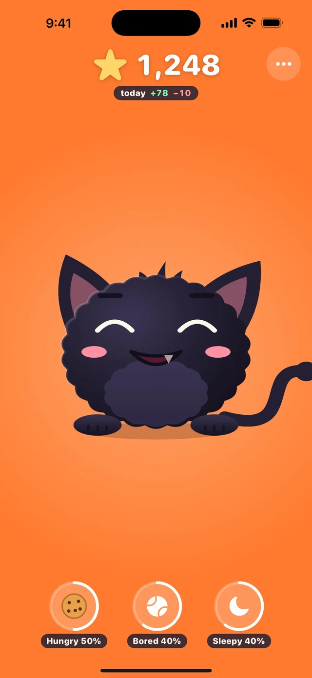Little Menace on iPhone: a round black gremlin with cat ears giggles with its eyes shut while being petted. Score 1,248 at the top, hungry, bored and sleepy meters below.